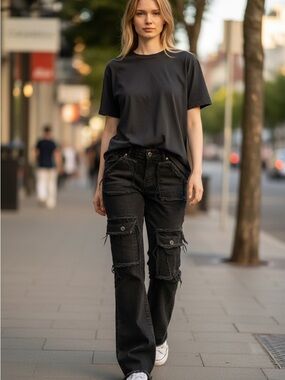 Straight-Leg Cargo Jeans in Black — Women’s Distressed Style